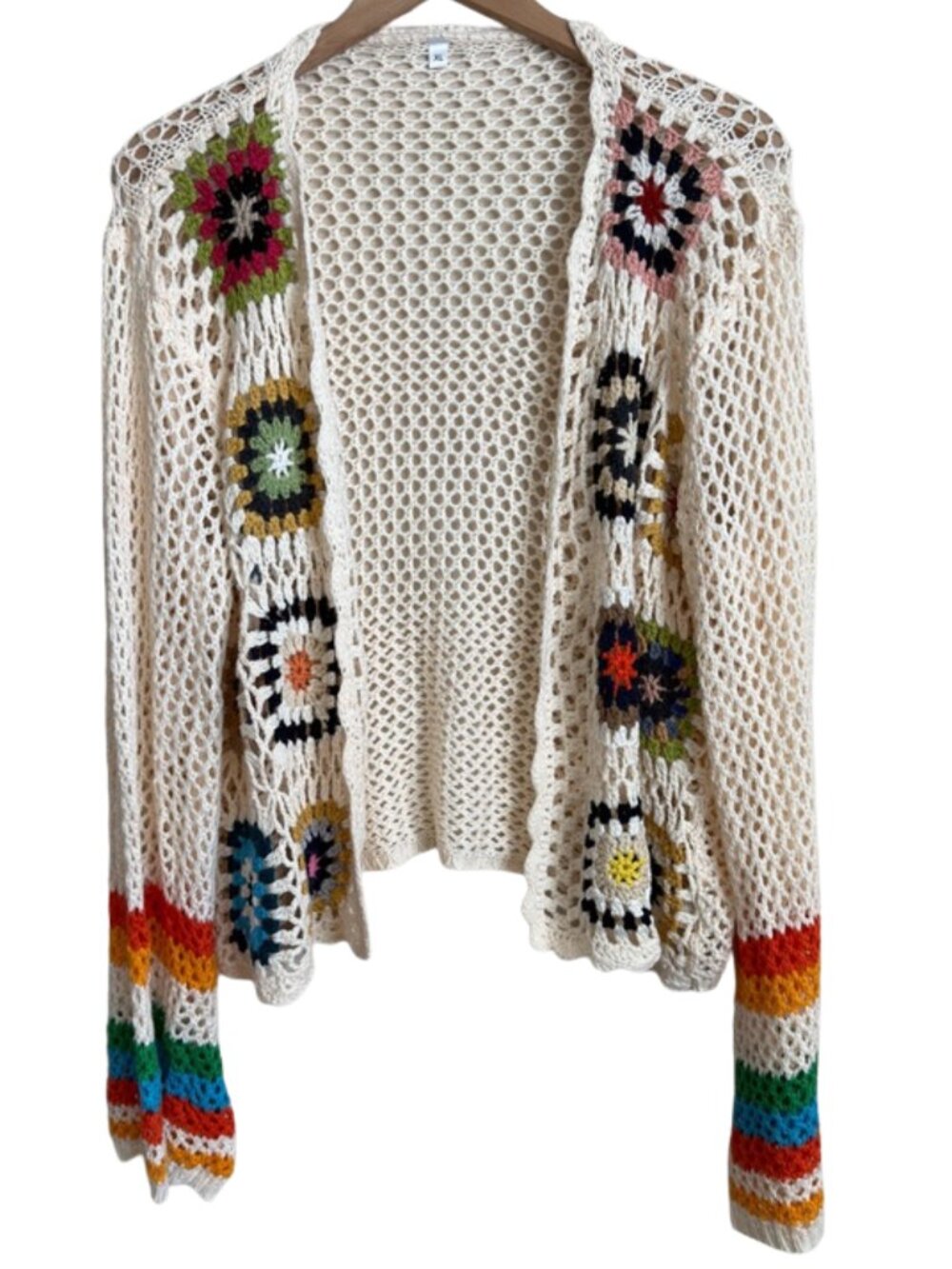 Granny Square Crochet Cardigan Cream Multicolor Floral Boho Open Front Stripe XL